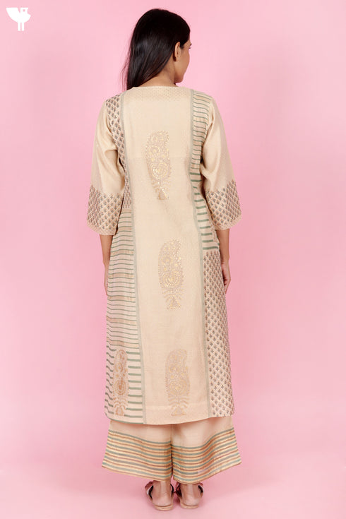 Chanderi Silk Kurta Pant Set With Gold Block Print