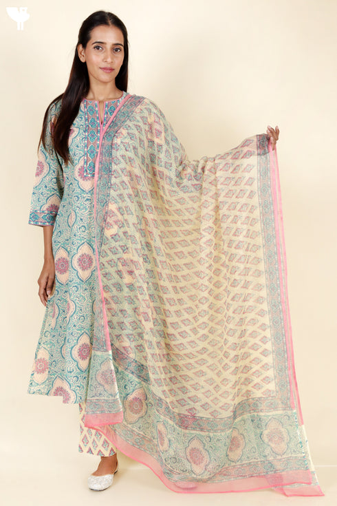 Cambric Cotton Kurta Pant Set With Kota Dupatta In Block Print