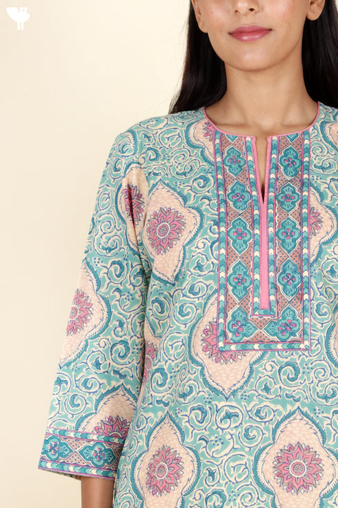 Cambric Cotton Kurta Pant Set With Kota Dupatta In Block Print