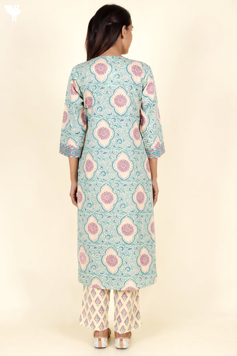 Cambric Cotton Kurta Pant Set With Kota Dupatta In Block Print