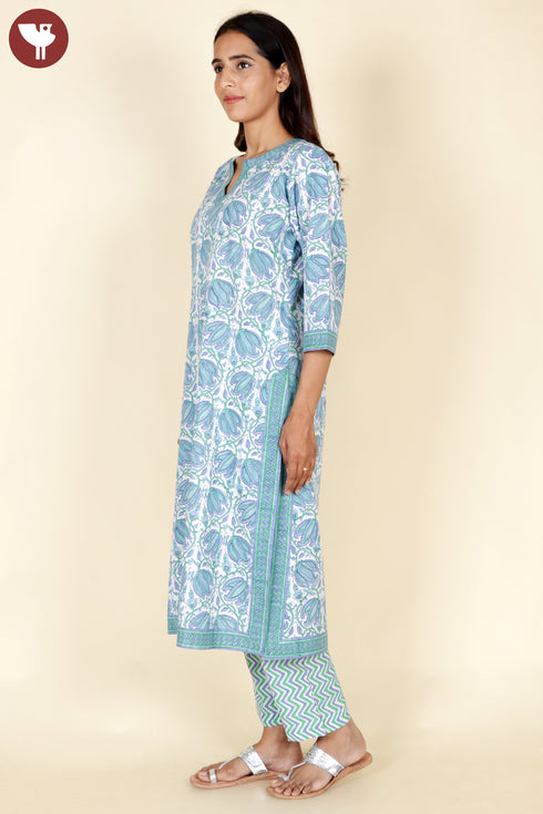 Cambric Cotton Kurta Pant With Dupatta In Floral Block Print