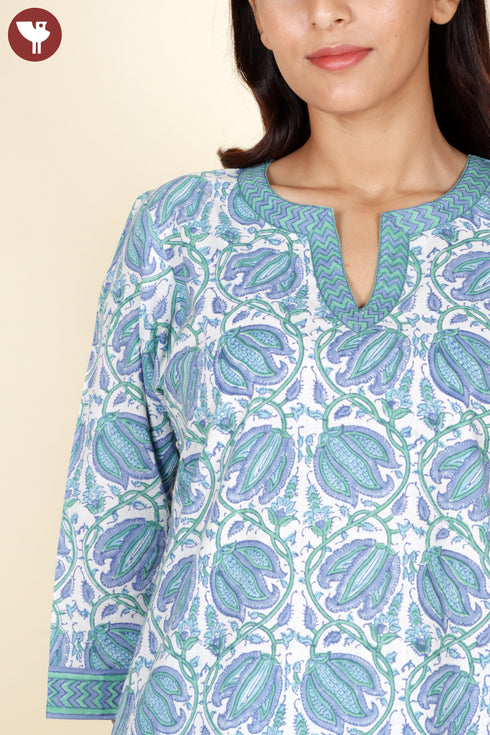 Cambric Cotton Kurta Pant With Dupatta In Floral Block Print