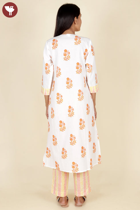 Cambric Cotton Kurta Pant With Dupatta In Floral Block Print