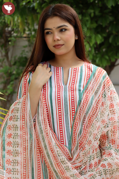 Cambric Cotton Kurta Pant With Dupatta In Block Print