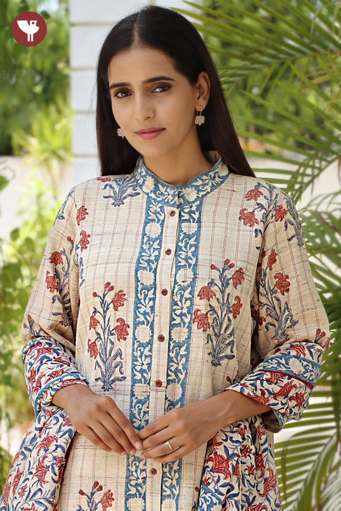 Tussar Silk Kurta Pant with Dupatta in Block Print