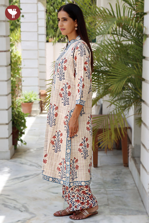Tussar Silk Kurta Pant with Dupatta in Block Print