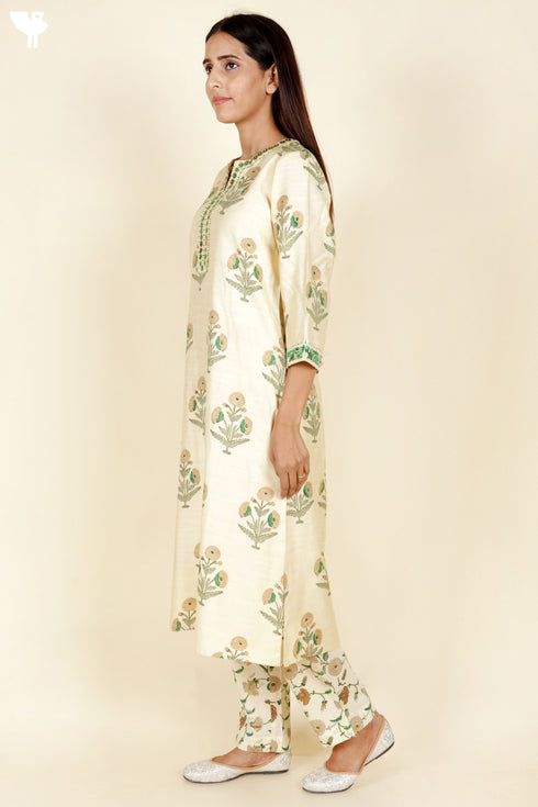 Tussar Cotton Kurta Pant And Dupatta Set In Block Print