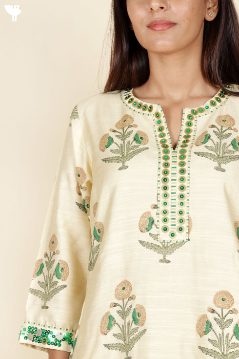 Tussar Cotton Kurta Pant And Dupatta Set In Block Print