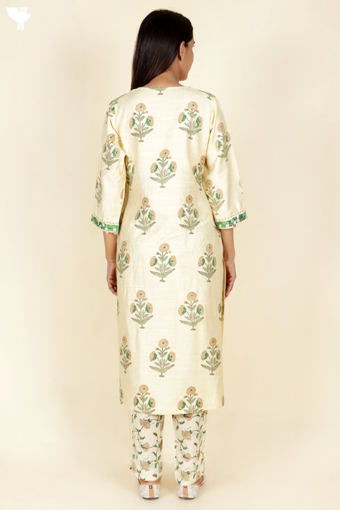 Tussar Cotton Kurta Pant And Dupatta Set In Block Print