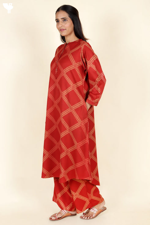 Rayon Twill Red Kurta and Pant Set With Block Print