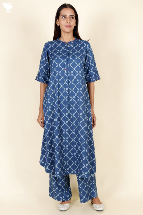Rayon Twill Blue Kurta and Pant Set With Block Print