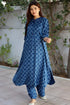 Rayon Twill Blue Kurta and Pant Set With Block Print