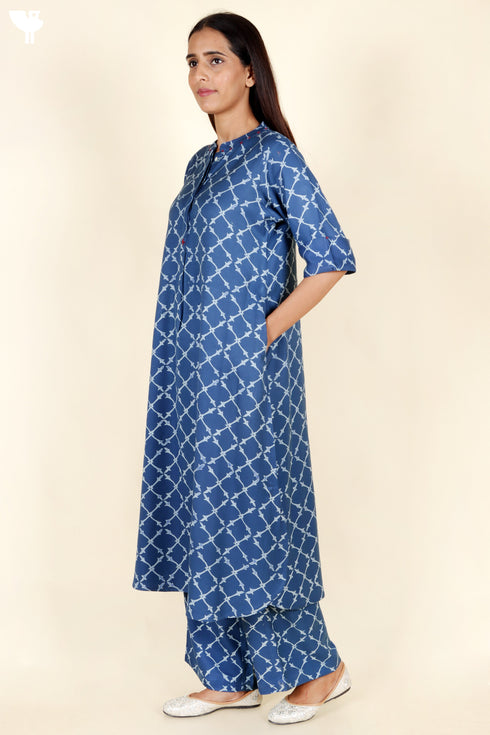 Rayon Twill Blue Kurta and Pant Set With Block Print