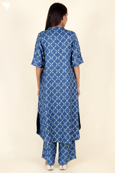 Rayon Twill Blue Kurta and Pant Set With Block Print