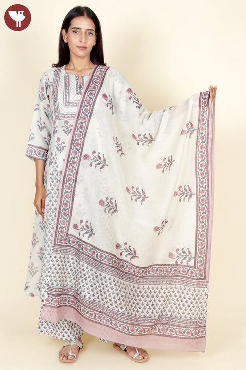 Chanderi Silk Kurta Pant With Dupatta In Floral Block Print