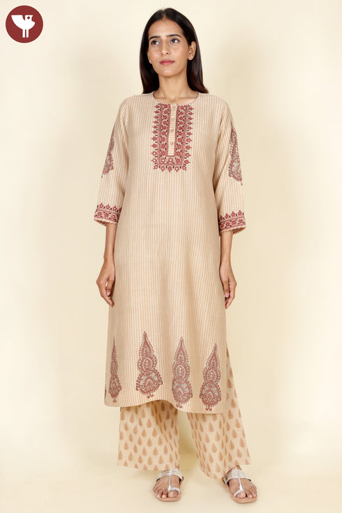 Chanderi Silk Kurta Pant With Dupatta In Embroidery and Floral Block Print