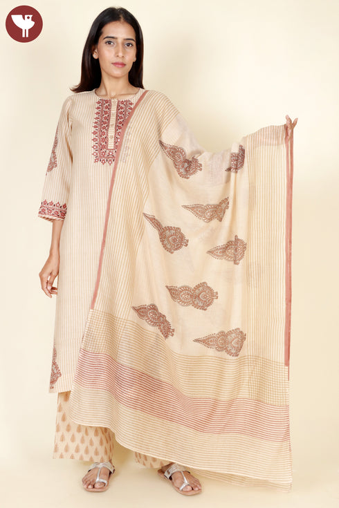 Chanderi Silk Kurta Pant With Dupatta In Embroidery and Floral Block Print