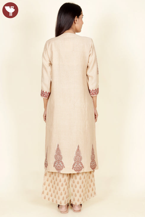 Chanderi Silk Kurta Pant With Dupatta In Embroidery and Floral Block Print
