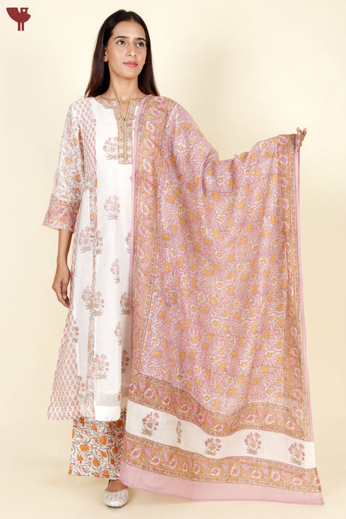 Chanderi Silk Kurta Pant With Dupatta In Floral Block Print