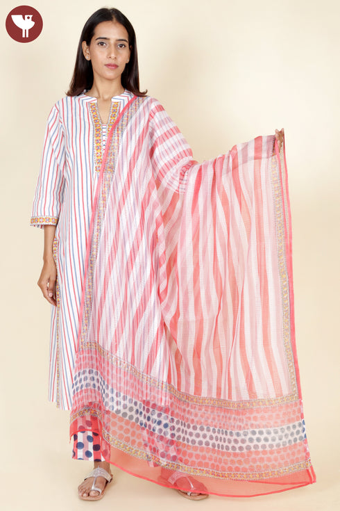 Cambric Cotton Kurta Pant With Dupatta In Striped Block Print