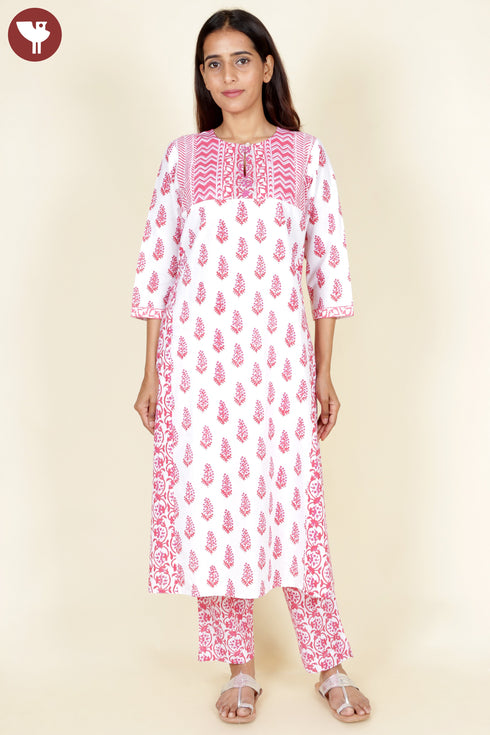 Cambric Cotton Kurta Pant With Dupatta In Floral Block Print