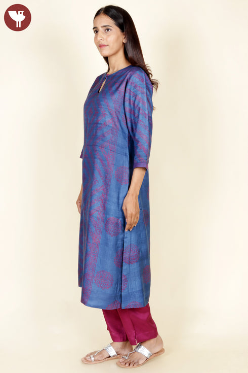 Tussar Kurta Pant With Dupatta In Block Print