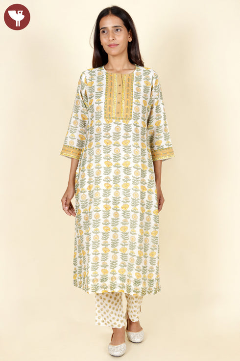 Chanderi Silk Kurta Pant With Dupatta In Floral Block Print