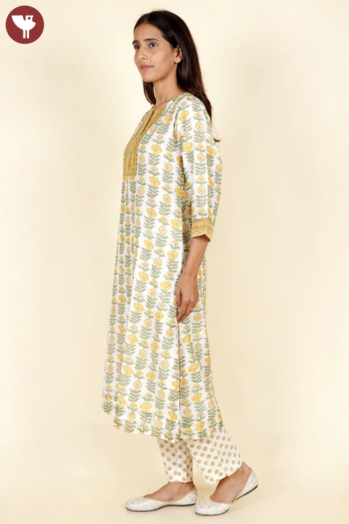 Chanderi Silk Kurta Pant With Dupatta In Floral Block Print