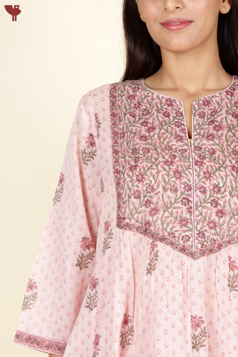Mulmul Cotton Kurta And Pant Set In Floral Block Print