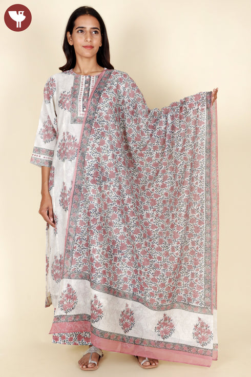 Chanderi Silk Kurta Pant With Dupatta In Floral Block Print