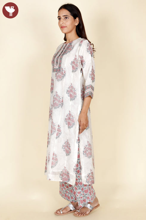 Chanderi Silk Kurta Pant With Dupatta In Floral Block Print