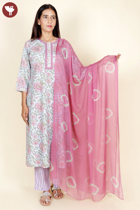 Bizzy Lizzy Kurta Pant With Dupatta In Floral Block Print