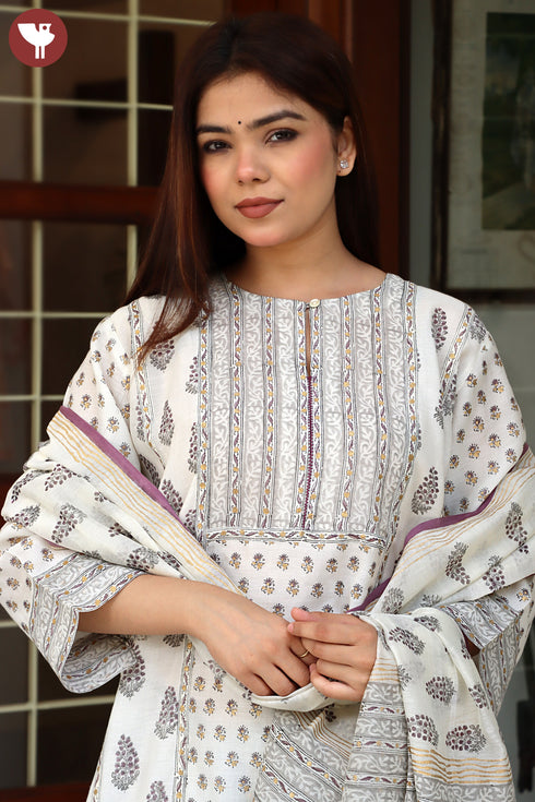 Chanderi Silk Kurta Pant With Dupatta In Floral Block Print