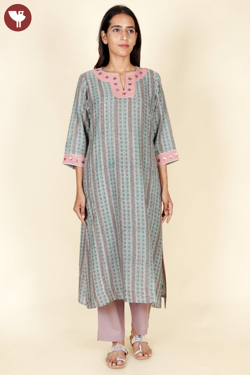 Chanderi Silk Kurta Pant With Dupatta In Floral Block Print