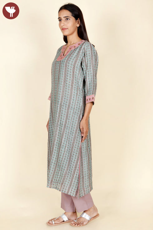 Chanderi Silk Kurta Pant With Dupatta In Floral Block Print