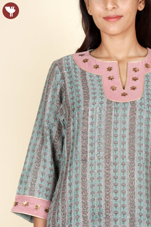 Chanderi Silk Kurta Pant With Dupatta In Floral Block Print