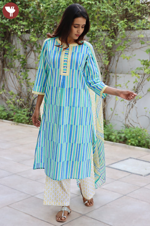 Cambric Cotton Kurta Pant With Dupatta In Striped Block Print