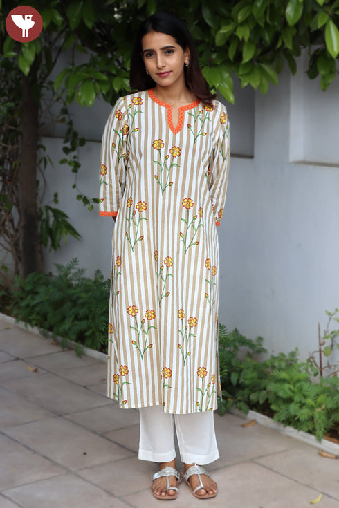 Cambric Cotton Kurta And Pant Set In Striped Block Print