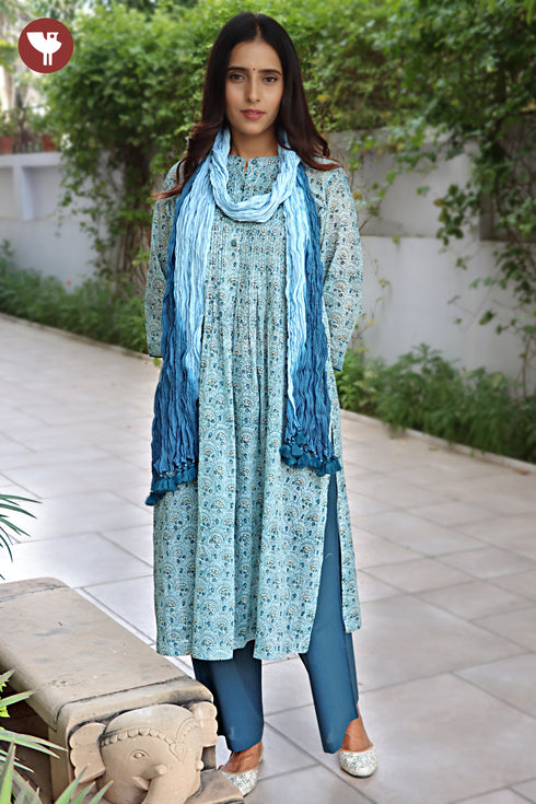 Mul Mul Cotton Kurta Pant With Dupatta In Floral Block Print