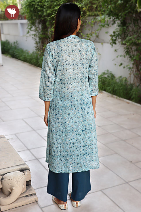 Mul Mul Cotton Kurta Pant With Dupatta In Floral Block Print
