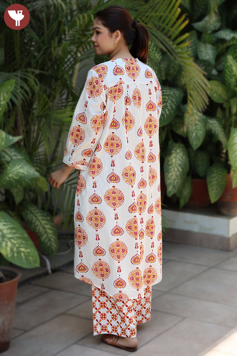 Cotton Strip Kurta And Pant Set in Block Print