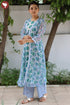 MulMul Cotton Blue/Green Kurta Pant Set With Kota Overlay