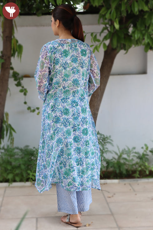 MulMul Cotton Blue/Green Kurta Pant Set With Kota Overlay