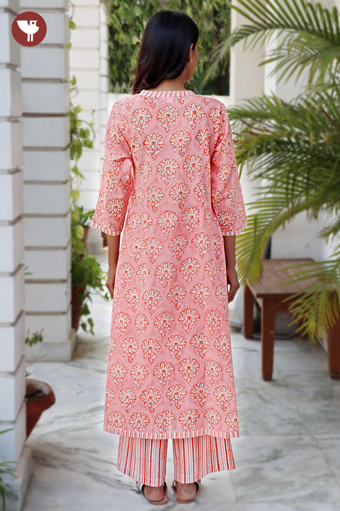 Mul Mul Cotton Angarkha Style Kurta And Pant Set In Floral Block Print