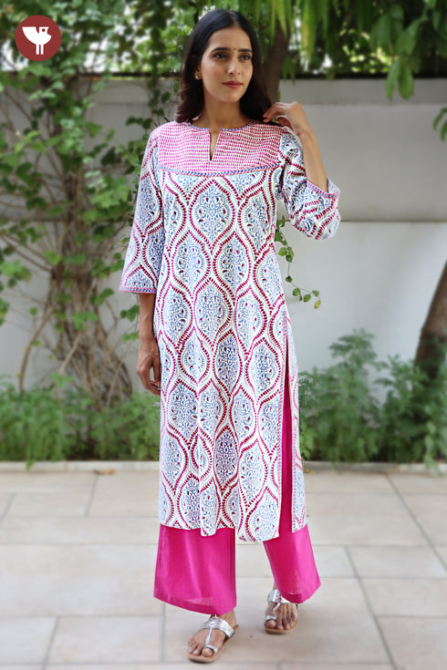 COTTON STRIPE Kurta And Pant Set In Floral Block Print
