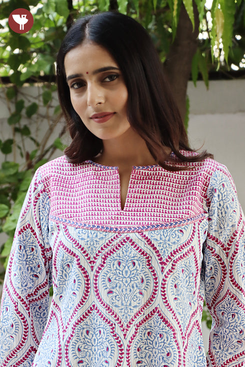 COTTON STRIPE Kurta And Pant Set In Floral Block Print