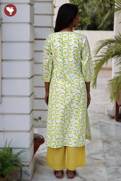 Cotton Strip Kurta And Pant Set in Floral Block Print