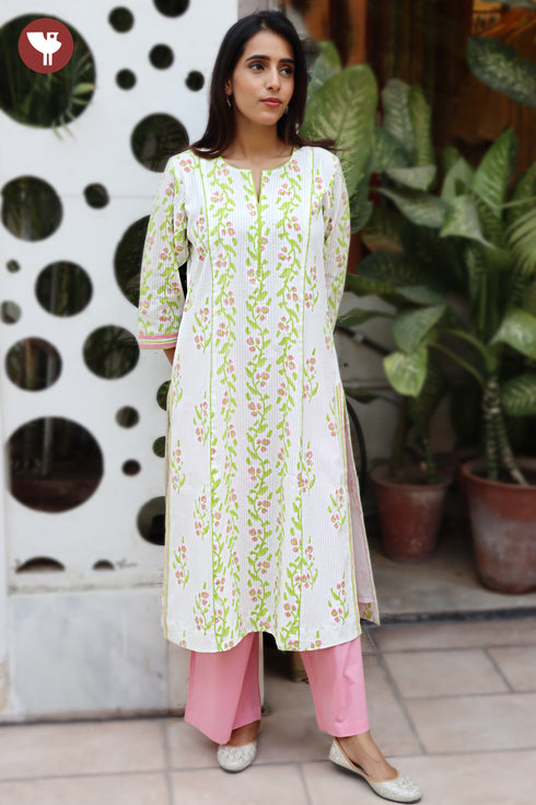 Cotton Strip Kurta And Pant Set in Floral Block Print