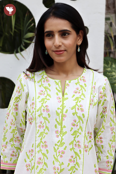 Cotton Strip Kurta And Pant Set in Floral Block Print