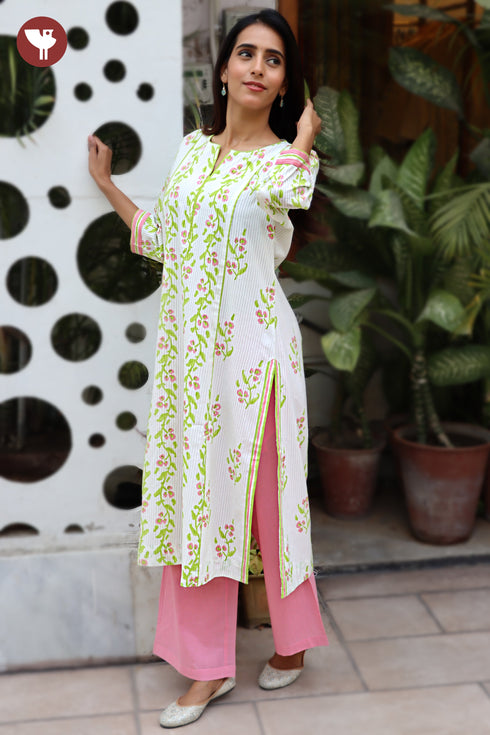 Cotton Strip Kurta And Pant Set in Floral Block Print